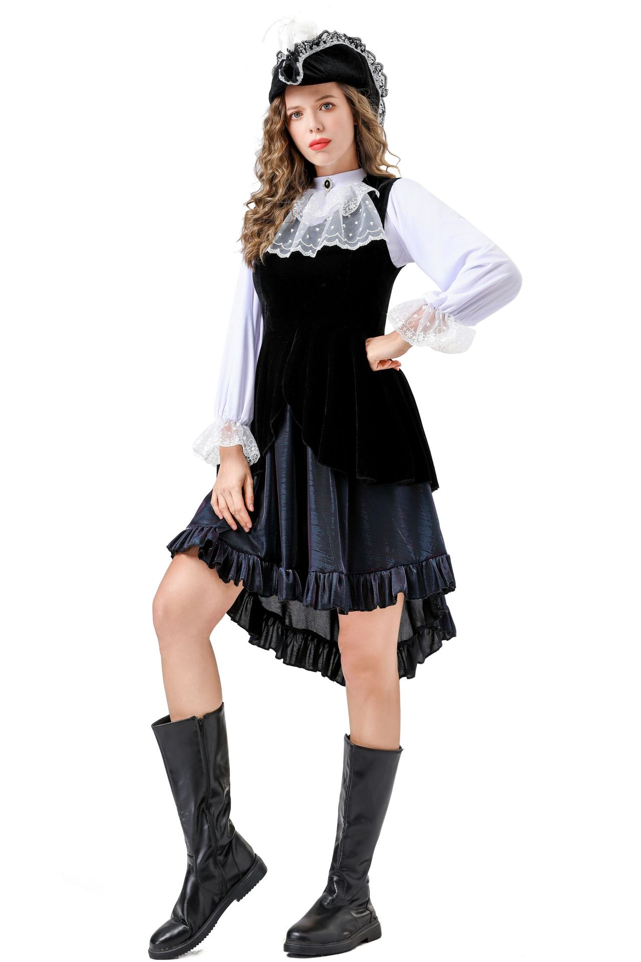 Halloween Victorian Gothic Steampunk Costume Dress with White Lace Details